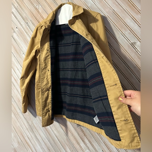 Old Navy Tan Khaki Navy Blue Plaid Lined Utility Jacket Button Up Warm Collar - Picture 7 of 10